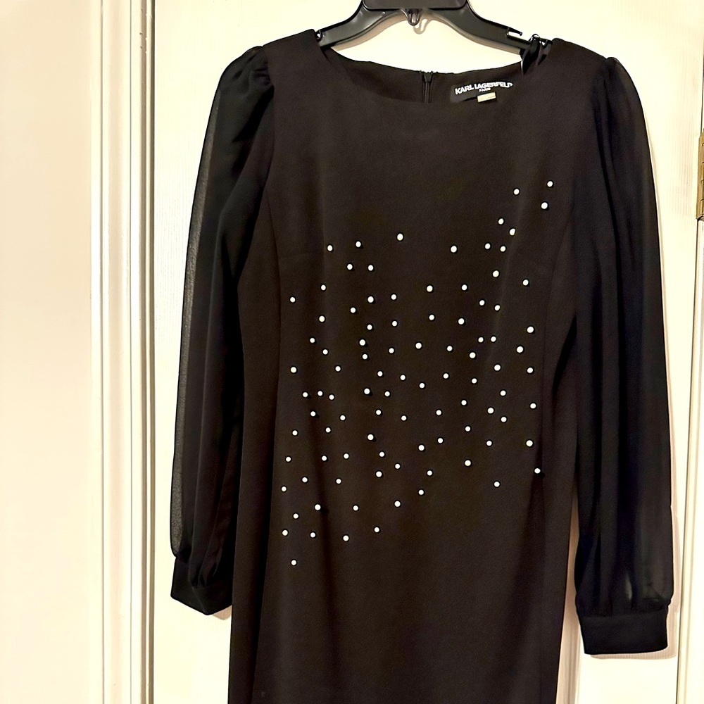 Karl Lagerfeld Pearl Sheath Dress with Mesh Sleeves. Worn once